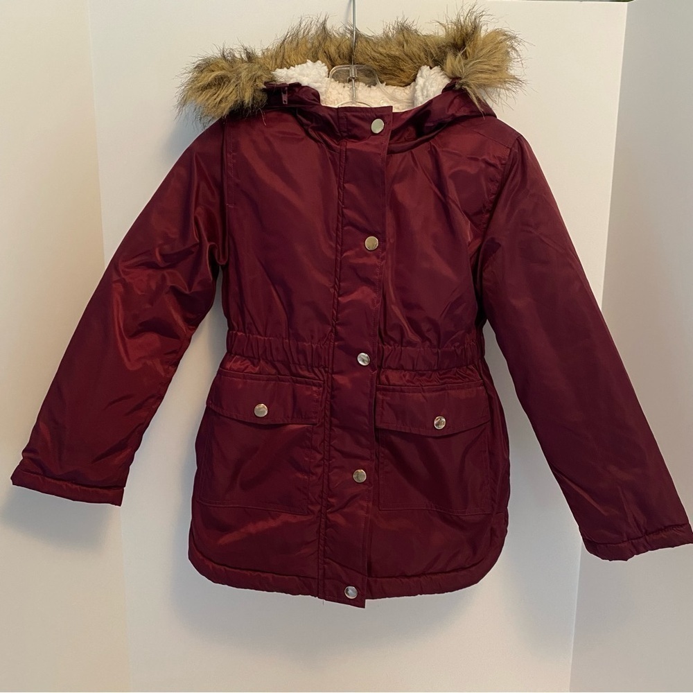 SO Girl's Hooded Fleece Lined Heavyweight Anorak Jacket Burgundy Size 6/6X